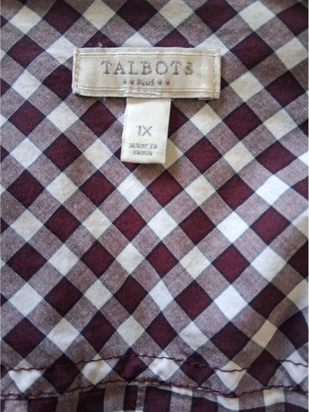 Talbots Burgundy Gingham Cotton Button Down Shirt 1X Classic Casual Top - Picture 5 of 5